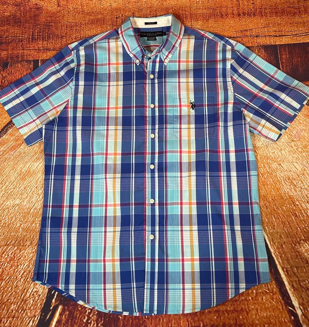 U.S. Polo Assn. Men's Short Sleeve Plaid Stretch Button Down Shirt Size L